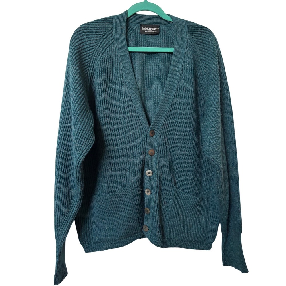 Vintage Parkhurst Mens Teal Blue Ribbed Knit Button Front Cardigan Sweater